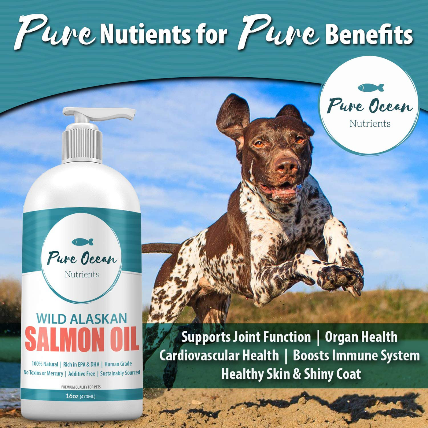 Pure Ocean Nutrients Wild Alaskan Salmon Oil for Dogs and Cats; Natural Supplement with Omega 3's to Support Joint, Heart, and Immune Health; Promotes a Shiny Soft Coat and Healthy Skin