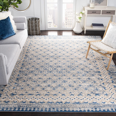 Safavieh Brentwood Collection BNT899G Traditional Oriental Distressed Non-Shedding Stain Resistant Living Room Bedroom Area Rug, 3' x 3' Square, Light Grey / Blue