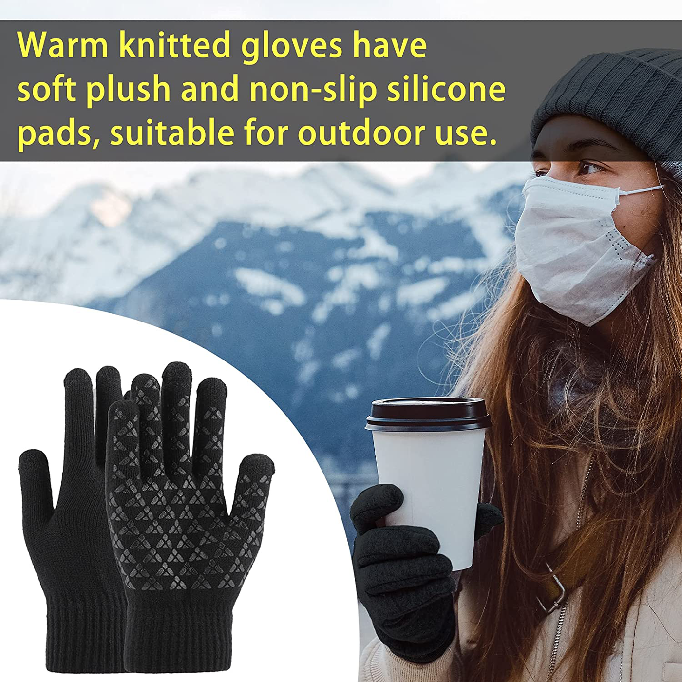 Andiker Winter Knit Gloves, Men Women Touch Screen Cold Weather Gloves, Full Finger Soft Warm Anti Slip Gloves for Hiking