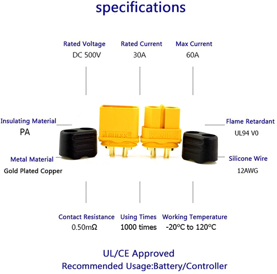 Amass 20 Pair XT60H Bullet Connector Plug Upgrated of XT60 Sheath Female & Male Gold Plated for RC Parts … … …