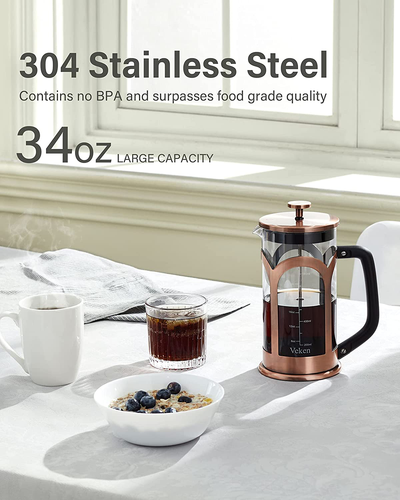 Veken French Press Coffee & Tea Maker, 304 Stainless Steel Heat Resistant Borosilicate Glass Coffee Press with 4 Filter Screens, Durable Easy Clean 100% BPA Free, 34oz, Silver