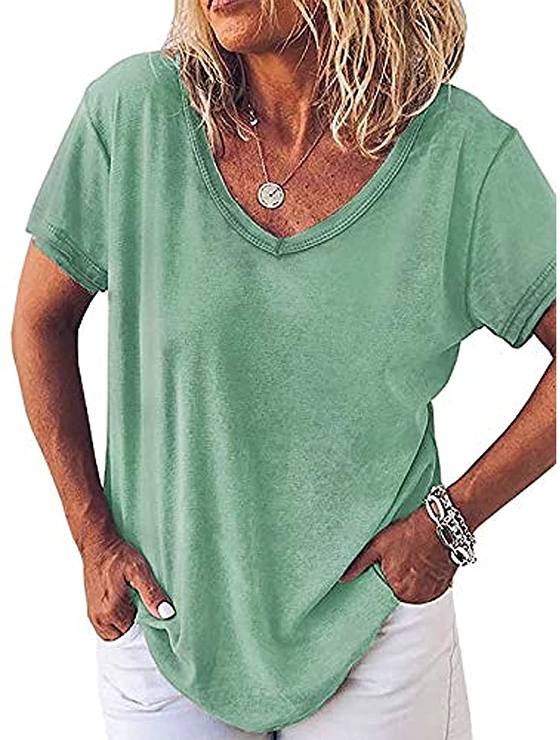 Fessceruna Womens Short Sleeve V Neck T Shirt Summer Casual Loose Solid Basic Tunic Tee Top Blouse