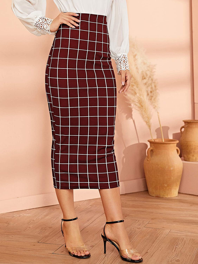 Verdusa Women's Elegant Plaid Elastic Waist Bodycon Midi Skirt