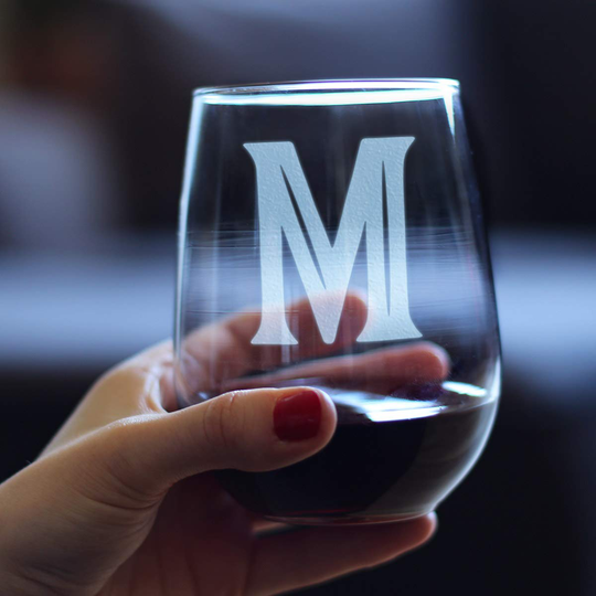 Monogram Bold Letter M - Stemless Wine Glass - Personalized Gifts for Women and Men - Large Engraved Glasses