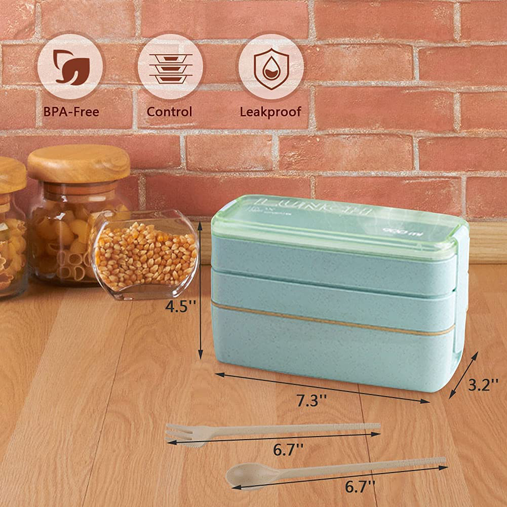 Bento Box for Kids Lunch Boxes Adults 3-In-1 Meal Prep Container, 900ML Janpanese Lunch Box with 3 Layer Compartment, Wheat Straw, Leak-proof, Spoon Fork, Lunch Bag with Soup Cup, BPA-free, Green