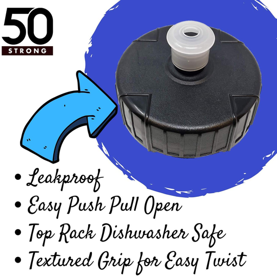 50 Strong Sports Squeeze Water Bottle 2 Pack – 22 oz. BPA Free Easy Open Push/Pull Cap – USA Made (Blue/Black)