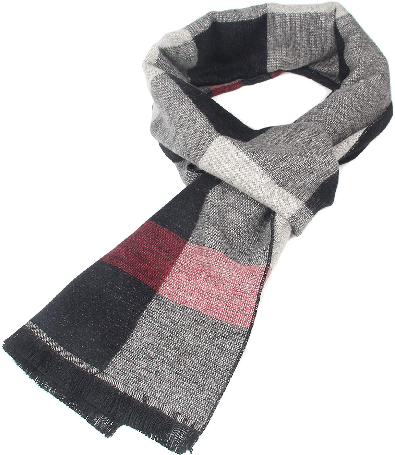 Men's Winter Scarf, Soft Long Cashmere Feel Scarves for Men with Fringes Tartan - Grey Black Red Plaid