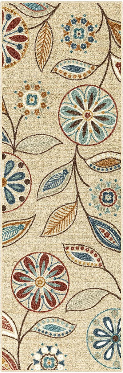 Maples Rugs Reggie Floral Runner Rug Non Slip Hallway Entry Carpet [Made in USA], 2 x 6, Beige