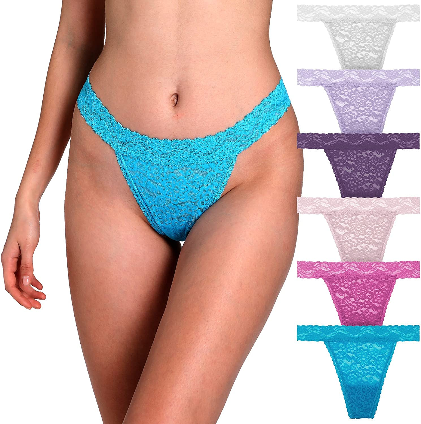 6 Pack Women's Sexy Lace Cotton Thongs Low Waist Underwear Soft Seamless Panties