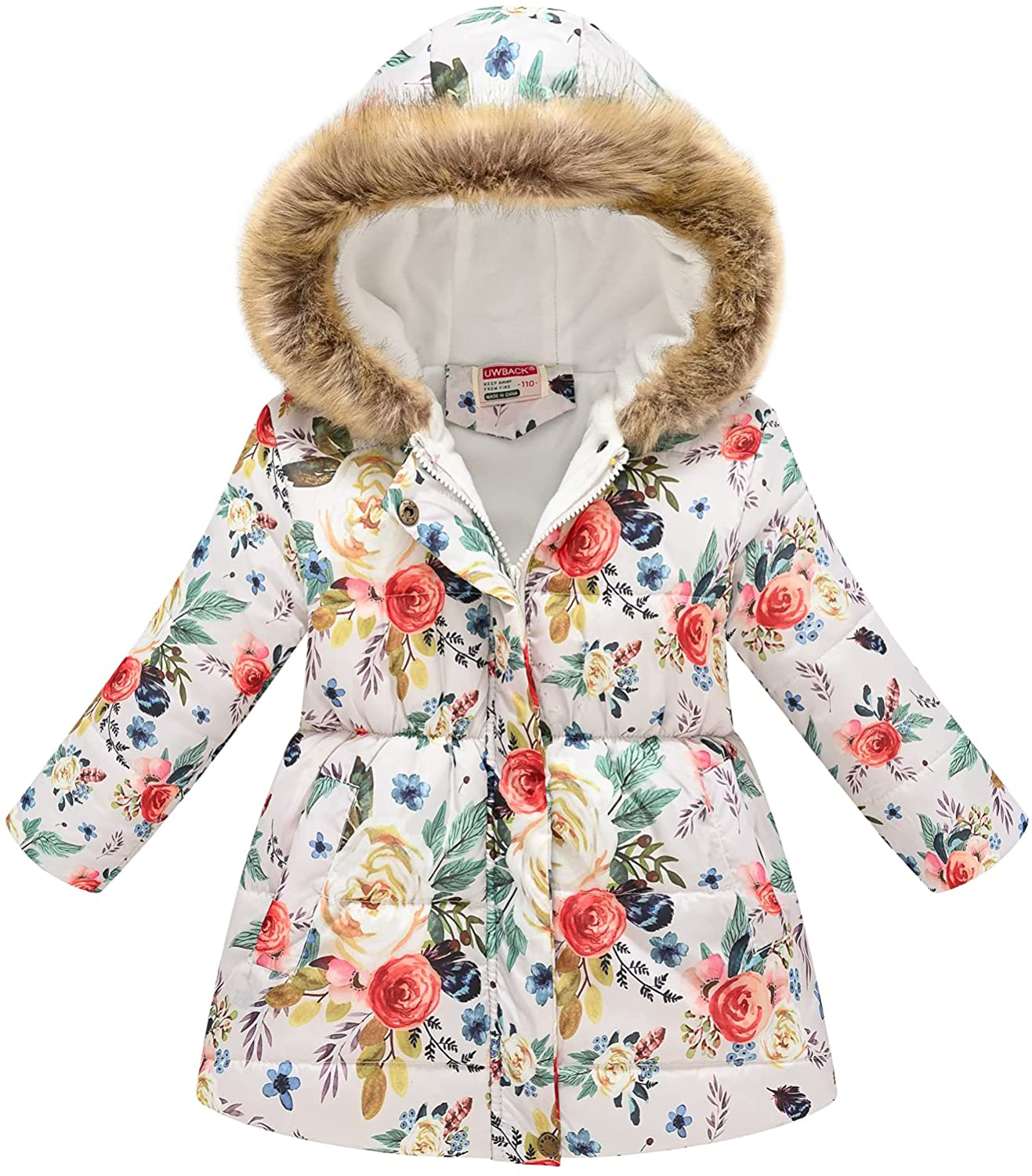 UWBACK Winter Coat for Girls Hooded Floral Print Kids Warm Cotton Parka