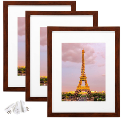 upsimples 8.5x11 Picture Frame Set of 3,Made of High Definition Glass for 6x8 with Mat or 8.5x11 Without Mat,Wall Mounting Photo Frame Red Brown