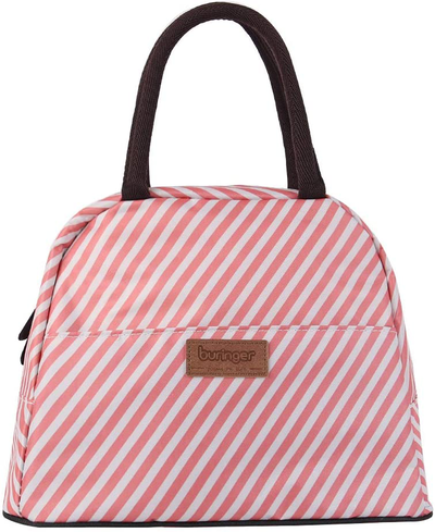 Buringer Reusable Insulated Lunch Bag Cooler Tote Box with Front Pocket Zipper Closure for Woman Man Work Picnic or Travel (Pink Stripe Large Size)