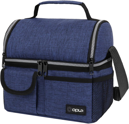 OPUX Insulated Dual Compartment Lunch Bag for Men, Women | Double Deck Reusable Lunch Pail Cooler Bag with Shoulder Strap, Soft Leakproof Liner | Large Lunch Box Tote for Work, School (Navy)
