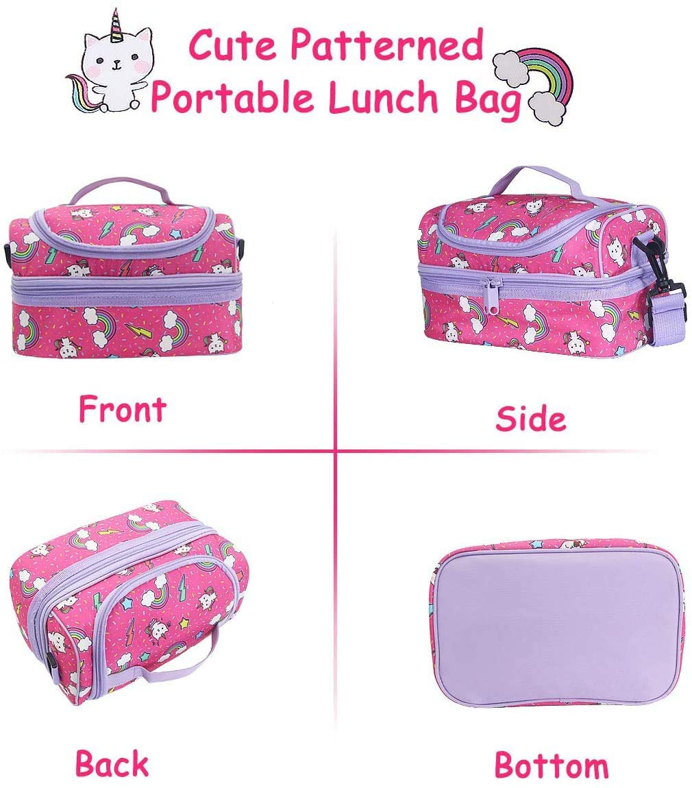 Lunch Bag Box for Girls, Kasqo Insulated Cooler Bag Kids Lunch Tote with Dual Compartments, Pink Kitty