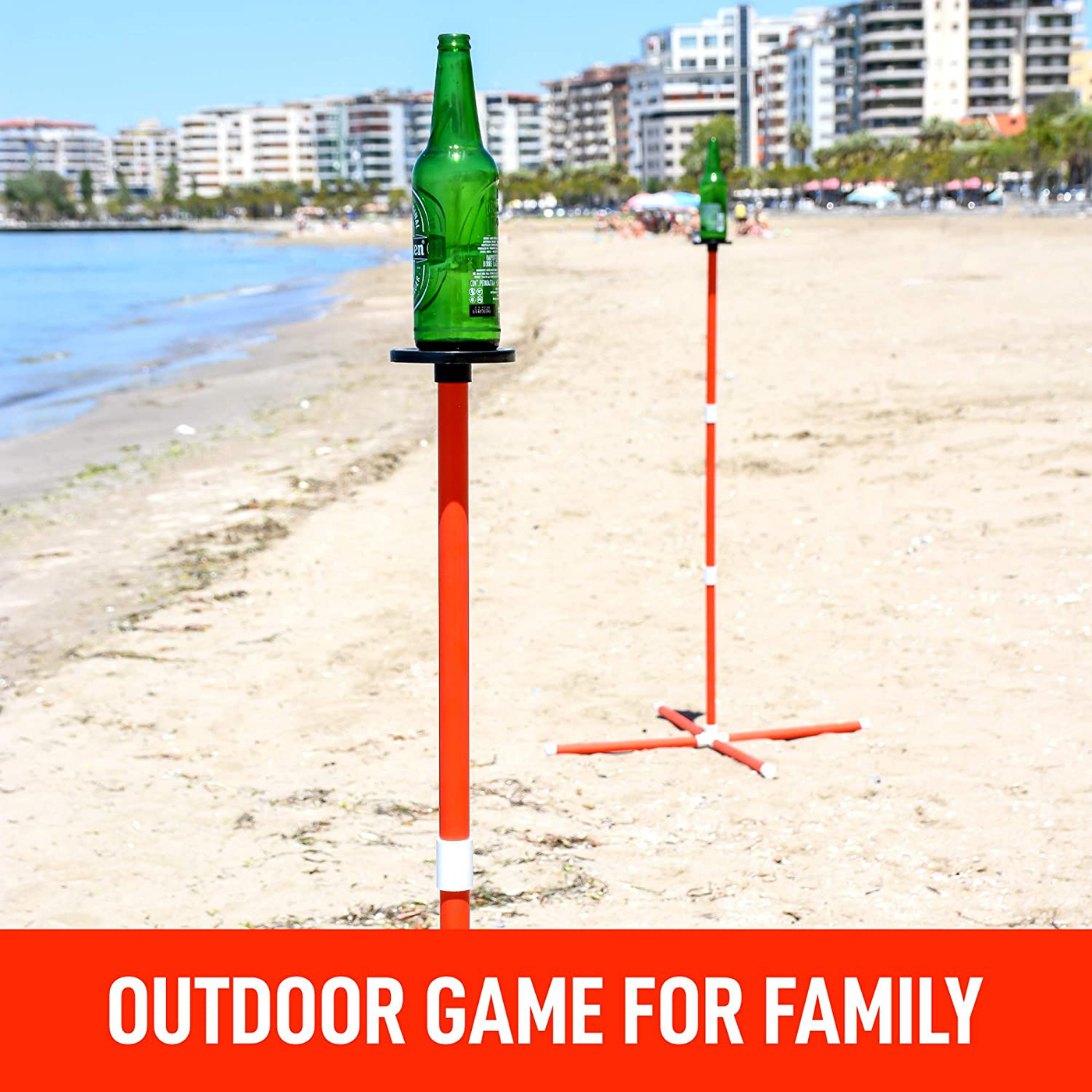 Frisbee Bottle Game - Back Yard Game for Family - Frisbee Beach Game for Kids and Adults - Ring Toss Outdoor Game with Adjustable Poles - Flying Disk Throwing Game - Easy Set Up Adult Lawn Game