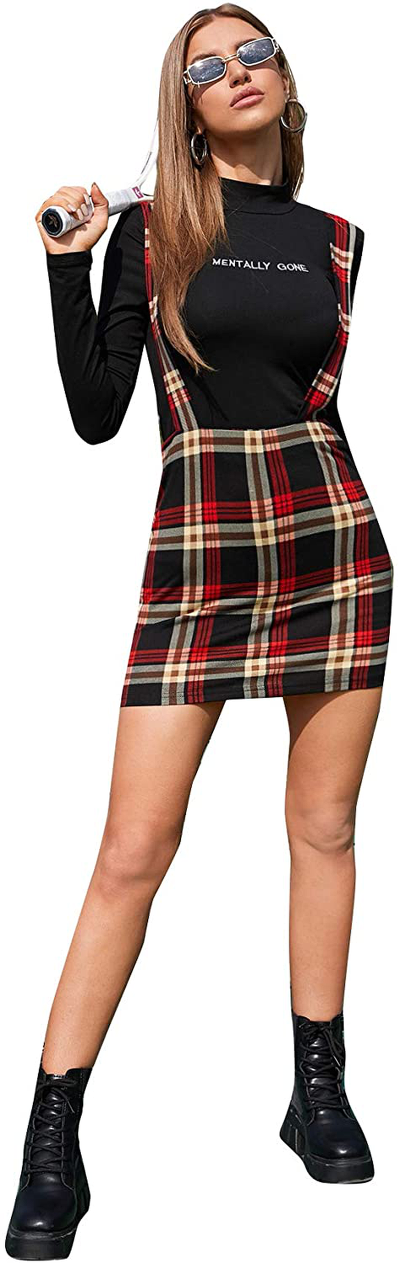 SheIn Women's Plaid Sleeveless High Waist Bodycon Mini Pencil Suspender Dress