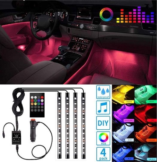 Led Interior Car Lights, Controller Led Lights for Cars, Multicolor Music Underglow Lighting Kits with Wireless Control and Sound Active Function, Car Charger Included, DC 12V