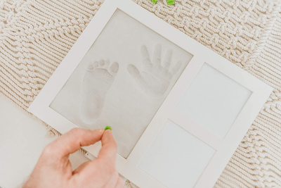 Baby Handprint & Footprint Keepsake Photo Frame Kit - Personzalize it w/ Free Stencil! Non-Toxic Clay, Wall/Table Wood Picture Frame. Perfect Registry, Baby Shower, New Mom, Birthday & Newborn Gift!