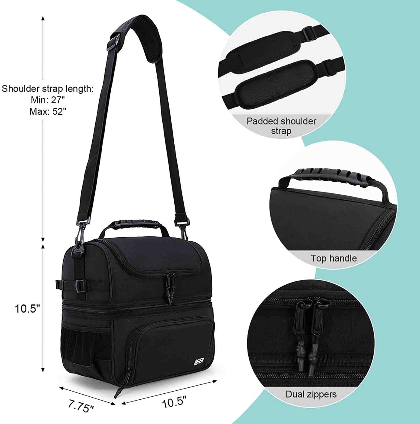 MIER Dual Compartment Lunch Bag Tote with Shoulder Strap for Men and Women Insulated Leakproof Cooler Bag, Dark Grey