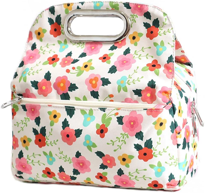 MOV COMPRA Reusable Insulated Small Lunch Bags for Women Printed Cooler Tote Box with Back Pocket Zipper Closure for Woman Work Picnic or Travel (Flower)