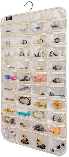 BB Brotrade Hanging Jewelry Organizer,Double Sided 56 Pockets&9 Hooks Accessories Organizer for Holding Jewelry(Beige-56 Pockets)