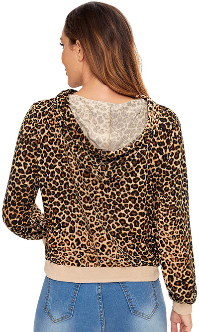 SweatyRocks Women's Causal Sweatshirt Leopard Long Sleeve Drawstring Hoodies Lightweight Pullover Tops