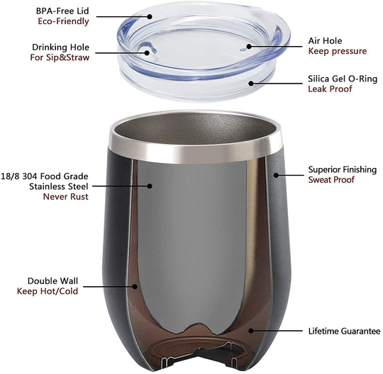 RUNSPORT Stainless Steel Wine Tumbler With Lid and Straws 12 Oz Double Wall Durable Stainless Steel Insulated Wine Glass for Wine, Coffee, Cocktails, Personalized Birthday and Holiday Gifts (Black)
