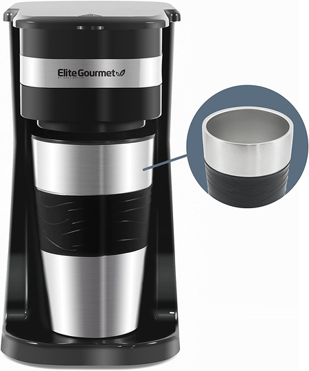 Elite Gourmet EHC111A Maxi-Matic Personal 14oz Single-Serve Compact Coffee Maker Brewer, Includes Stainless Steel Interior Thermal Travel Mug, Compatible with Coffee Grounds, Reusable Filter, Black