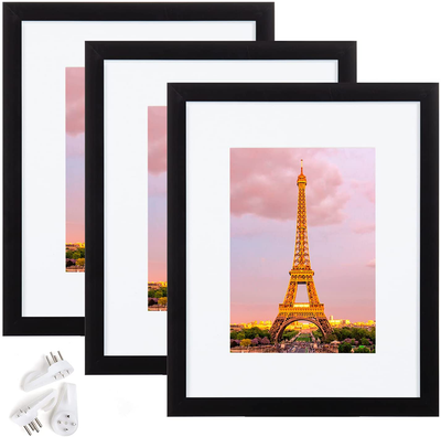 upsimples 8x10 Picture Frame Set of 3,Made of High Definition Glass for 5x7 with Mat or 8x10 Without Mat,Wall Mounting Photo Frame Black