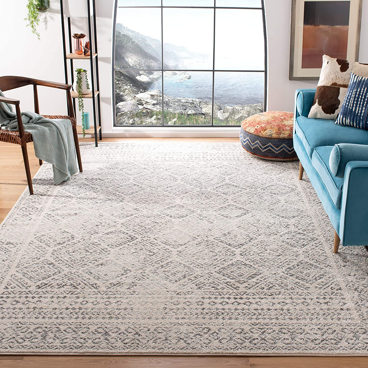 Safavieh Tulum Collection TUL264B Moroccan Boho Distressed Non-Shedding Living Room Bedroom Dining Home Office Area Rug, 5'3" x 7'6", Ivory / Turquoise