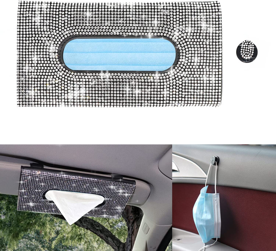 HTXJ-MF Car Visor Tissue Holder Leather Mask Box Sparkling Bling Crystals Cover Case & Glitter Mask Hook Clip for Women (Black)