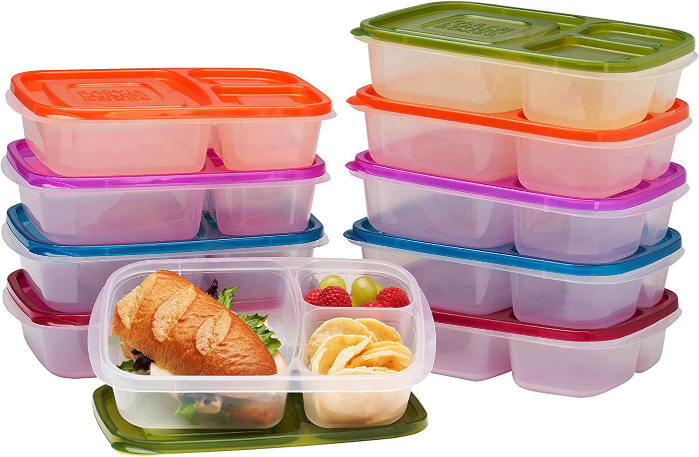 EasyLunchboxes - Bento Lunch Boxes - Reusable 3-Compartment Food Containers for School, Work, and Travel, Set of 10, (Jewel Brights)