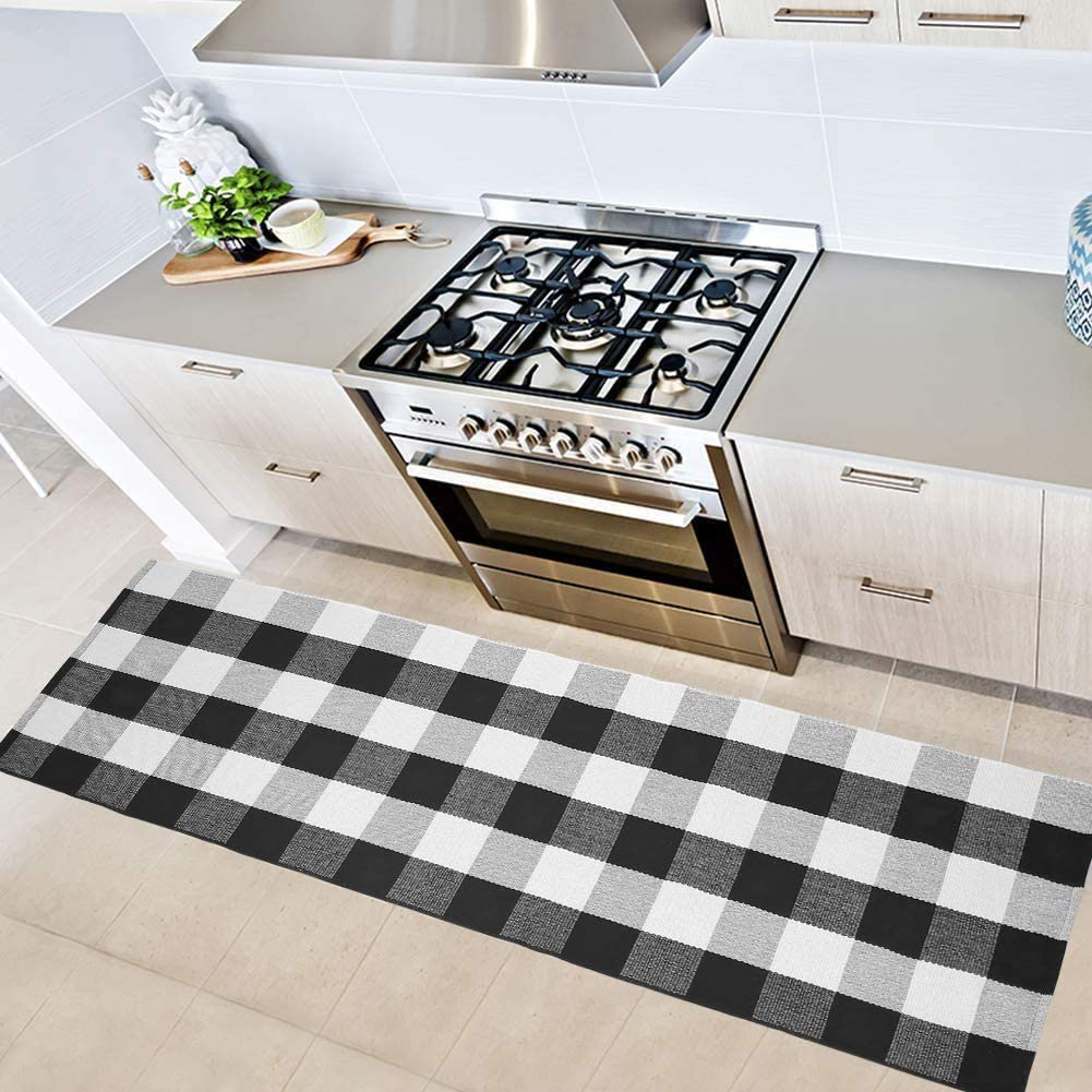 Buffalo Check Area Rug,Hauswahl Cotton Plaid Rug Black/White Hand-Woven Buffalo Checkered Floor Mats Washable Carpet for Porch Doormat Kitchen Rugs (2'x6', Black/White)