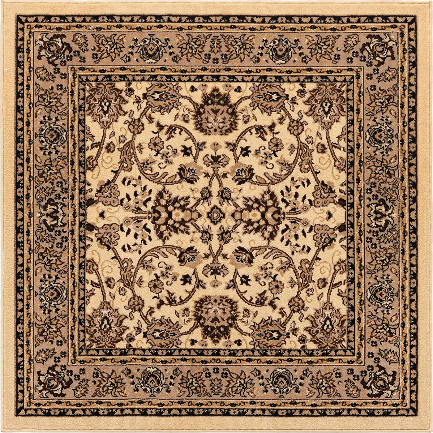 Unique Loom Kashan Traditional Floral Area Rug, 5 Feet, Ivory/Tan