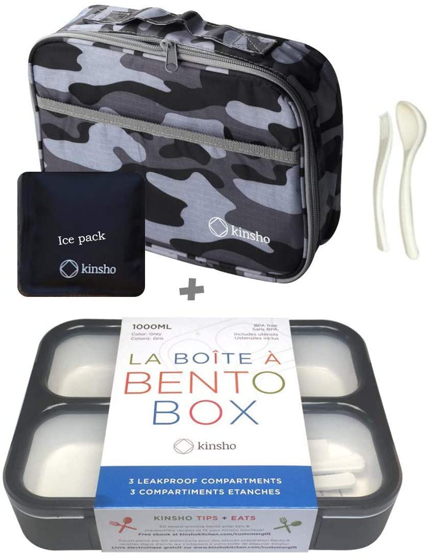 Camo Lunch Box for Boys | Bento Boxes with Bag, Ice Pack Set | Snack Containers for Kids Men Adults. 3 Leakproof Compartments, Container with Insulated Bags for School Lunches, Black Grey Camoflauge