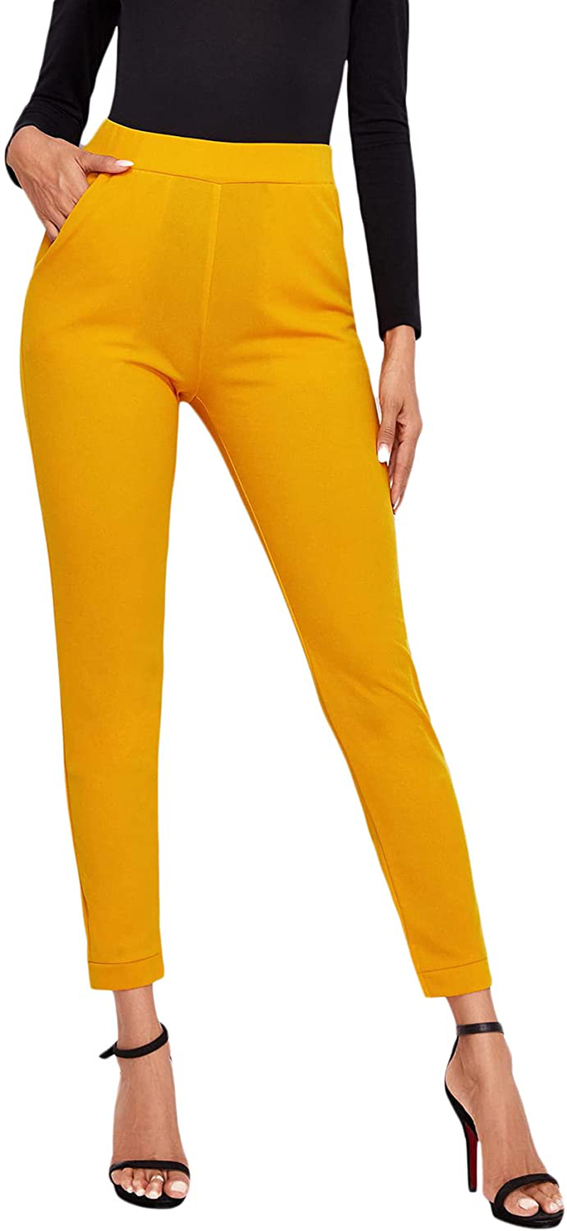 SOLY HUX Women's Pocket Side Elastic High Waist Elegant Trousers Skinny Pants