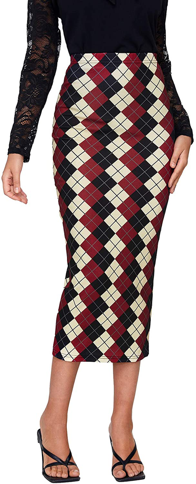 Verdusa Women's Elegant Plaid Elastic Waist Bodycon Midi Skirt