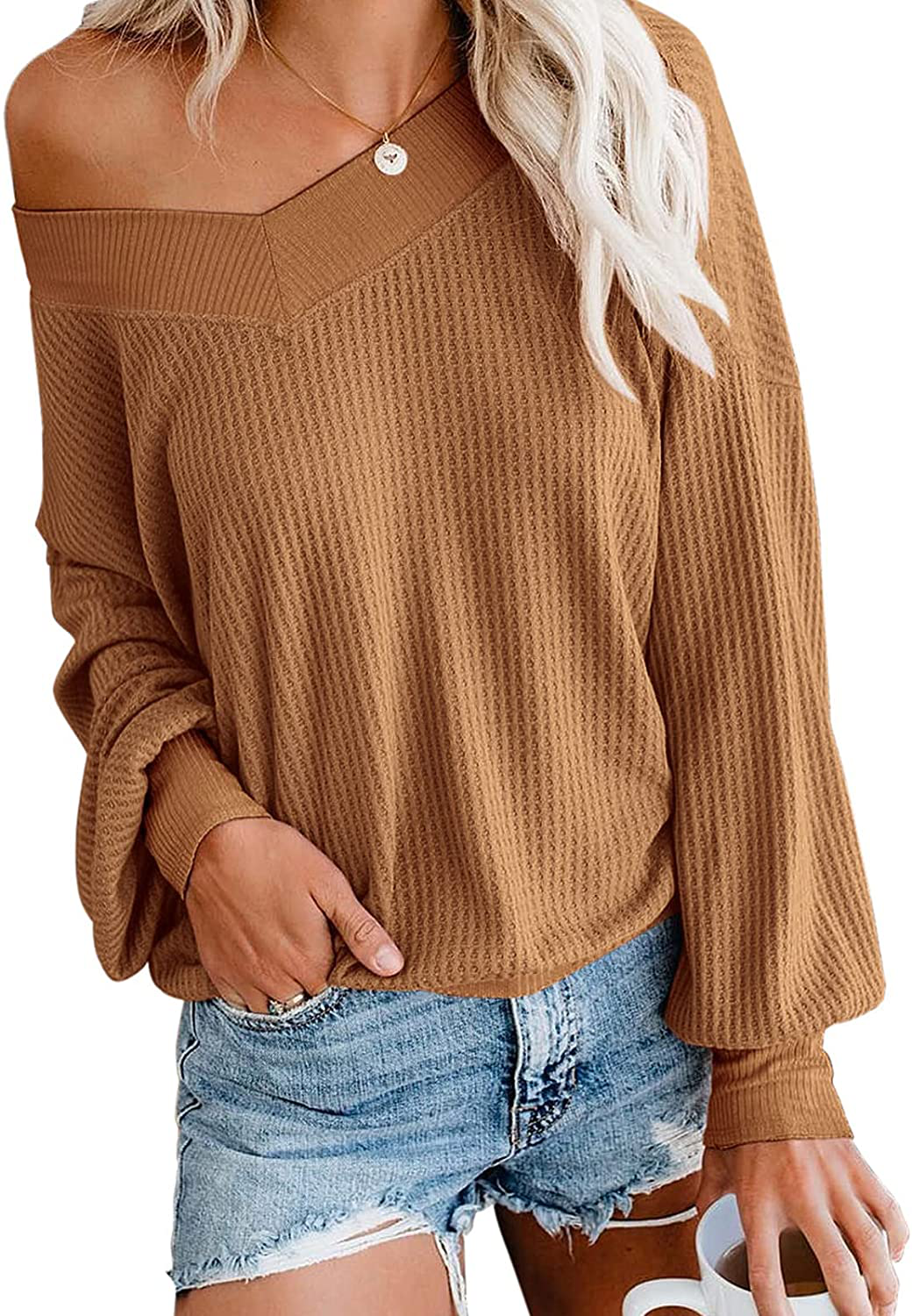 Adreamly Women's V Neck Long Sleeve Waffle Knit Top Off Shoulder Oversized Pullover Sweater