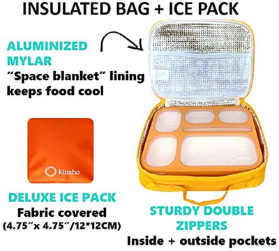Bento-Box with Bag and Ice Pack Set. Lunch Boxes Snack Containers for Kids Boys Girls Adults. 6 Compartments, Leakproof Portion Container Boxes Insulated Bags for School Lunches, BPA Free (Orange)