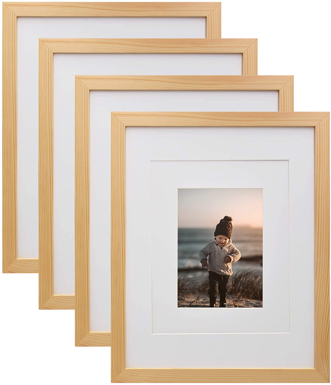 KINLINK 8x10 Picture Frames Natural Wood Frames with Acrylic Plexiglass for Pictures 4x6/5x7 with Mat or 8x10 Without Mat, Tabletop and Wall Mounting Display, Set of 4