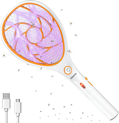 ANSEVO Bug Zapper Racket Electric Fly Swatter Electronic Mosquito Killer Removable Handle with USB Charging LED Lighting 3-Layer Protection for Indoor and Outdoor -Kill Insects, Gnats（Yellow）