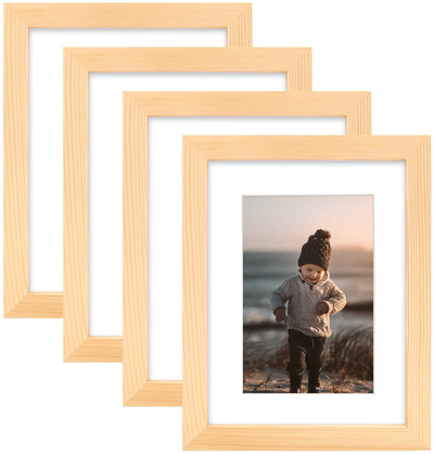 KINLINK 8x10 Picture Frames Natural Wood Frames with Acrylic Plexiglass for Pictures 4x6/5x7 with Mat or 8x10 Without Mat, Tabletop and Wall Mounting Display, Set of 4
