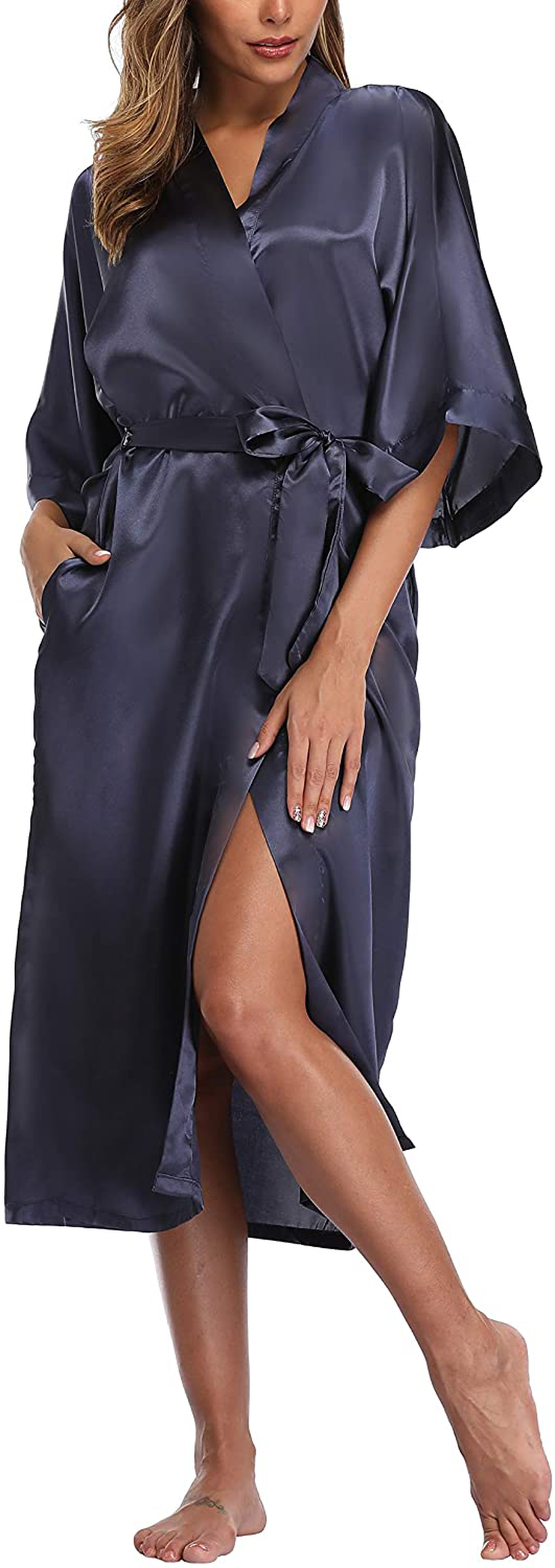 Womens Pure Color Long Satin Bathrobe Kimono Nightgown Long Dress Gown