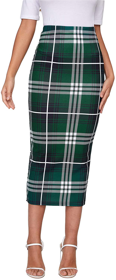 Verdusa Women's Elegant Plaid Elastic Waist Bodycon Midi Skirt