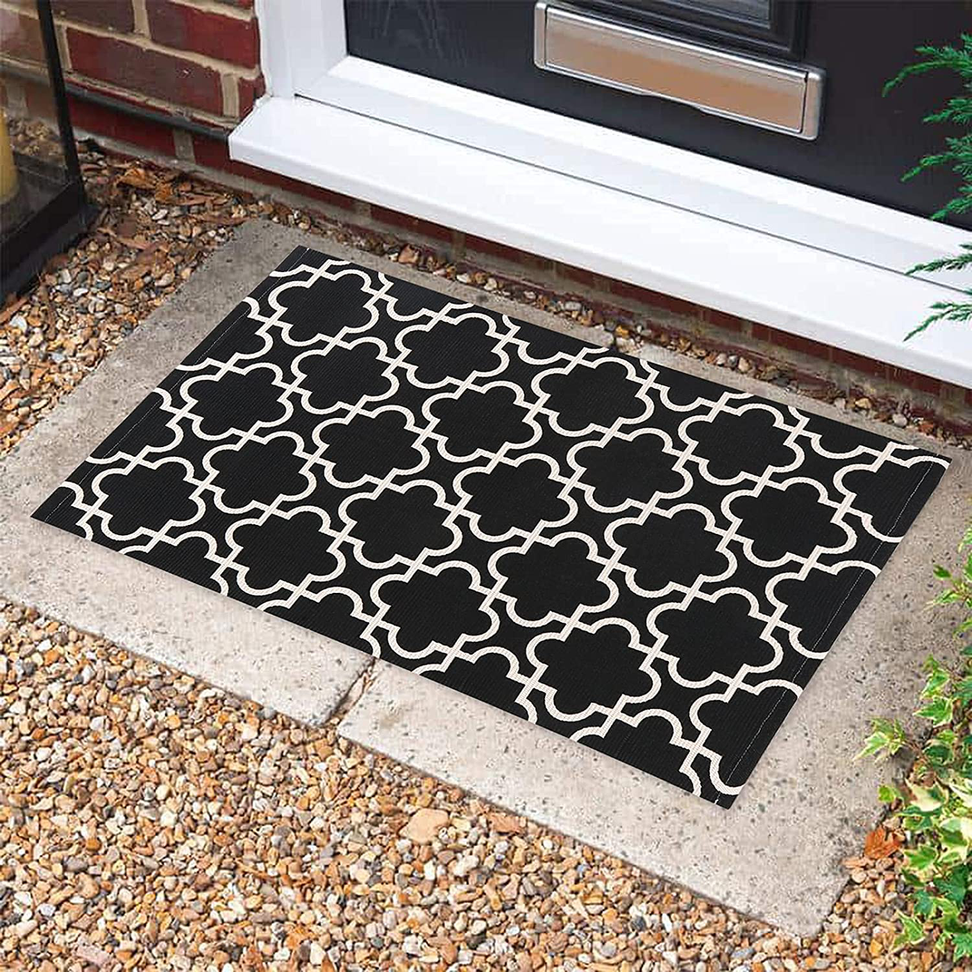 Sungea Moroccan Area Rug, Geometric Quatrefoil Small Cotton Throw Rug Front Porch Layered Outdoor Woven Shoes Off Doormat Indoor Mat Entryway Kitchen (2 x 3 ft, Black)