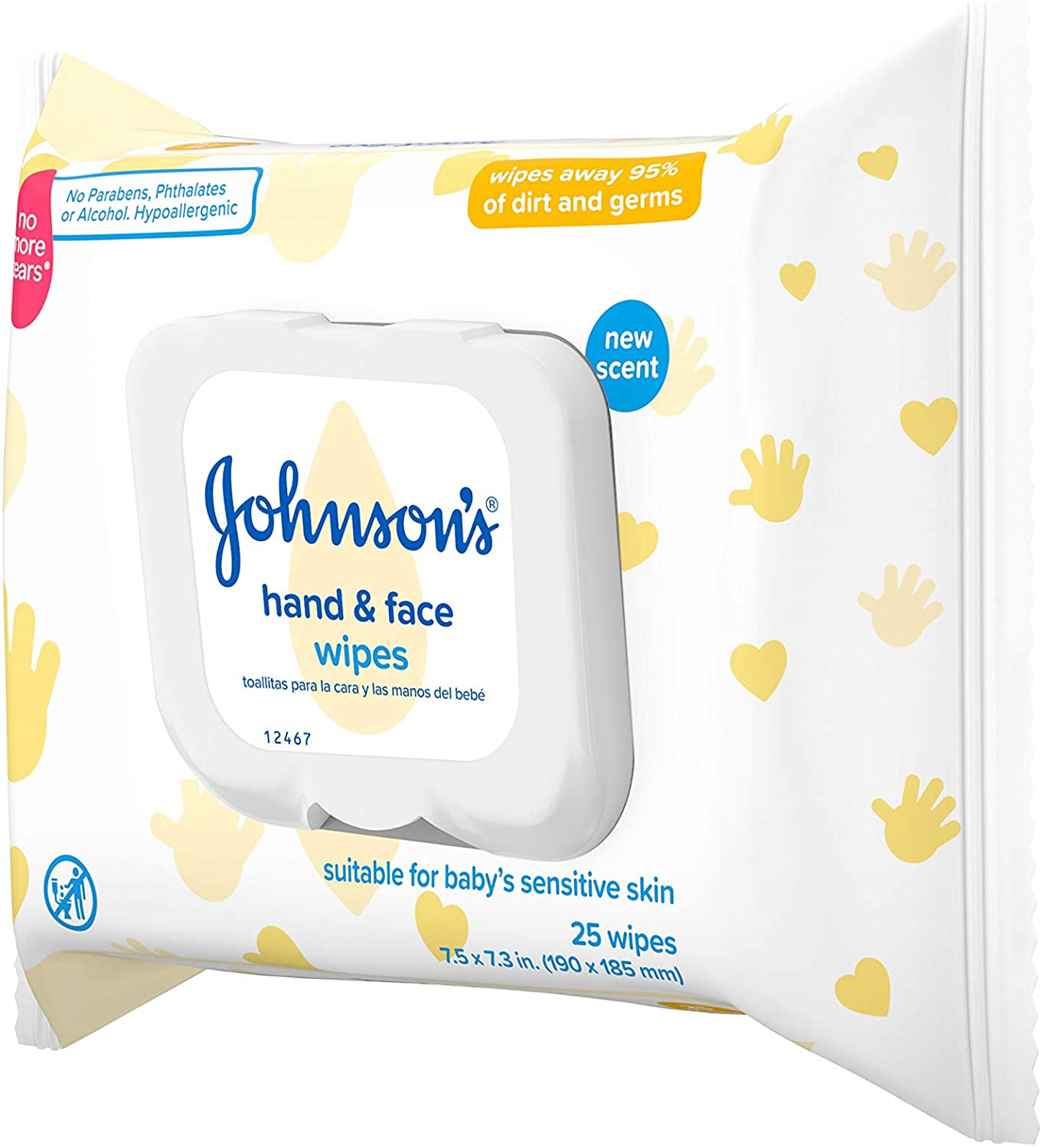Johnson's Baby Hand & Face Baby Sanitizing Cleansing Wipes for Travel and OnTheGo, No More Tears Formula, Paraben and Alcohol Free, White, 25 Count
