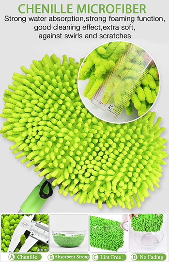 WillingHeart 47.5" Car Wash Brush Mop Cleaning Tool with Long Handle Kit for Washing Detailing Cars Truck, SUV, RV, Trailer, Boat 2 in 1 Chenille Microfiber Sponge Duster Not Hurt Paint Scratch Free