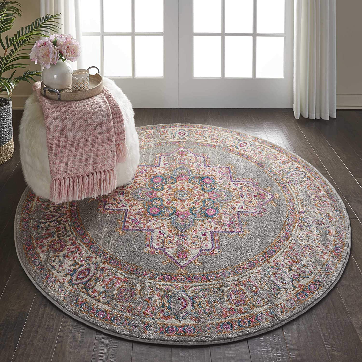 Nourison PSN03 Passion Bohemian Grey Area Rug 5' x Round, 5'3", 5 Feet