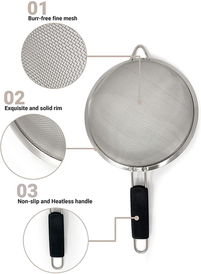 Makerstep Set of 3 Stainless Steel Fine Mesh Strainers. Graduated Sizes 3.38", 5.5", 7.87" Strainer Wire Sieve Sifter with Insulated Handle for Kitchen Tools Gadgets