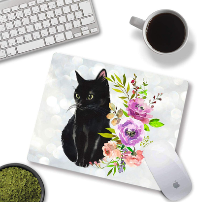 Black Cat Floral Watercolor Mouse Pad Cute Cat Lover Gift Desk Accessories Decor for Women Computer Mousepad School Supplies